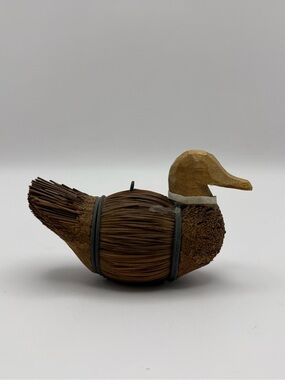 Vintage Small Carved Wood Straw Duck Figure Ornament